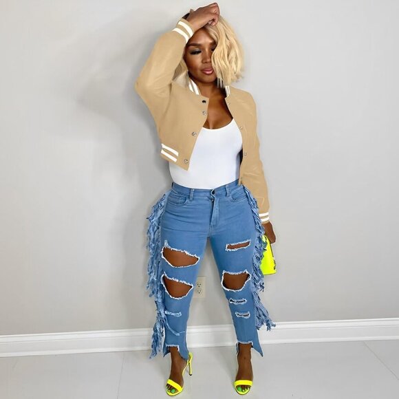 Women Khaki Varsity Long Sleeve Button Down Bomber Casual Baseball Jacket - Picture 3 of 5